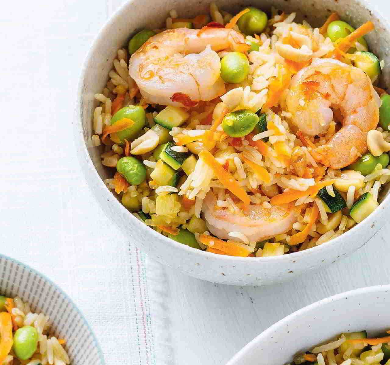 Recette Riz aux carottes râpées, crevettes et petits pois