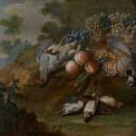 P. Paillou (vers 1745). Nature morte aux perdrix rouges et grises, cailles et bécassines près d'un panier de raisins et de pêches dans un paysage
