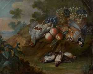 P. Paillou (vers 1745). Nature morte aux perdrix rouges et grises, cailles et bécassines près d'un panier de raisins et de pêches dans un paysage