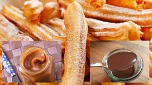 Churros à la cannelle et sauces au chocolat et caramel