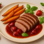 Magret de canard rôti, sauce aux fraises et balsamique, accompagné de patates douces rôties