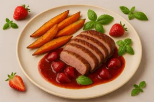 Magret de canard rôti, sauce aux fraises et balsamique, accompagné de patates douces rôties