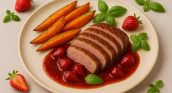 Magret de canard rôti, sauce aux fraises et balsamique, accompagné de patates douces rôties