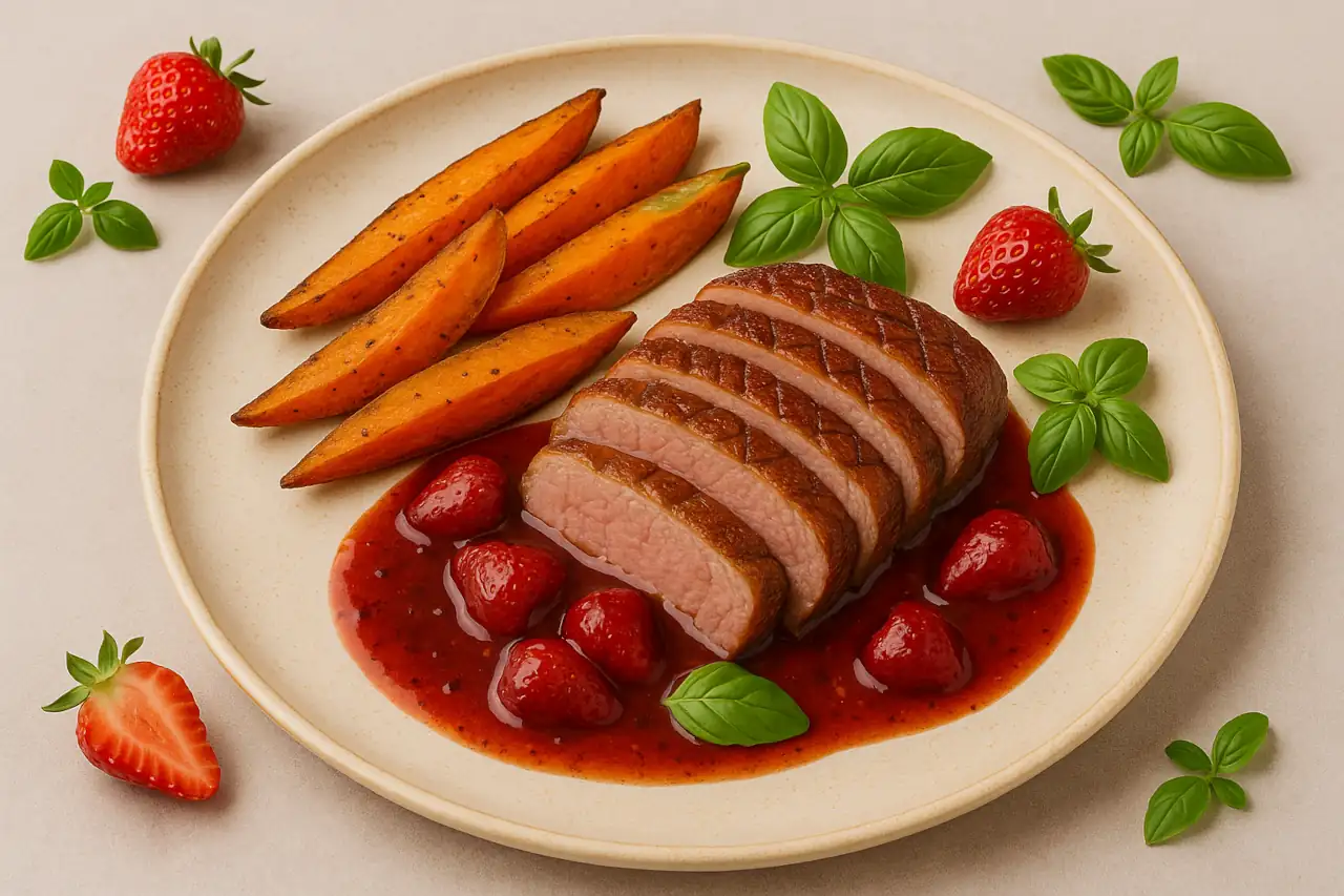 Magret de canard rôti, sauce aux fraises et balsamique, accompagné de patates douces rôties