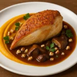 Recette Suprême de volaille fermière, mousseline de potimarron et jus réduit aux cèpes