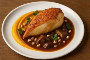 Recette Suprême de volaille fermière, mousseline de potimarron et jus réduit aux cèpes