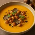 Recette Velouté de potimarron, châtaignes et huile de truffe noire