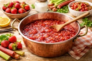 Confiture de fraises et rhubarbe à la vanille
