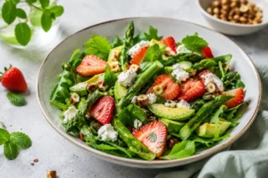 Salade printanière de mai aux asperges, fraises et chèvre frais
