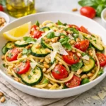 Recette Pâtes fraîches de juin aux courgettes, tomates cerises, citron et basilic