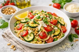 Recette Pâtes fraîches de juin aux courgettes, tomates cerises, citron et basilic