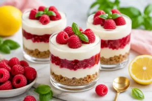 Verrines façon cheesecake citron–framboise–basilic (sans cuisson)